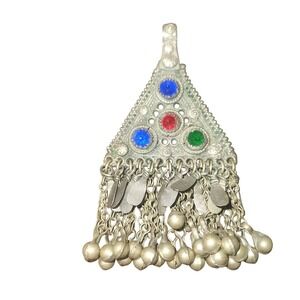 Silver Tone pendant Triangle  Filigree Bells Glass Stones Kuchi Tribal vintage